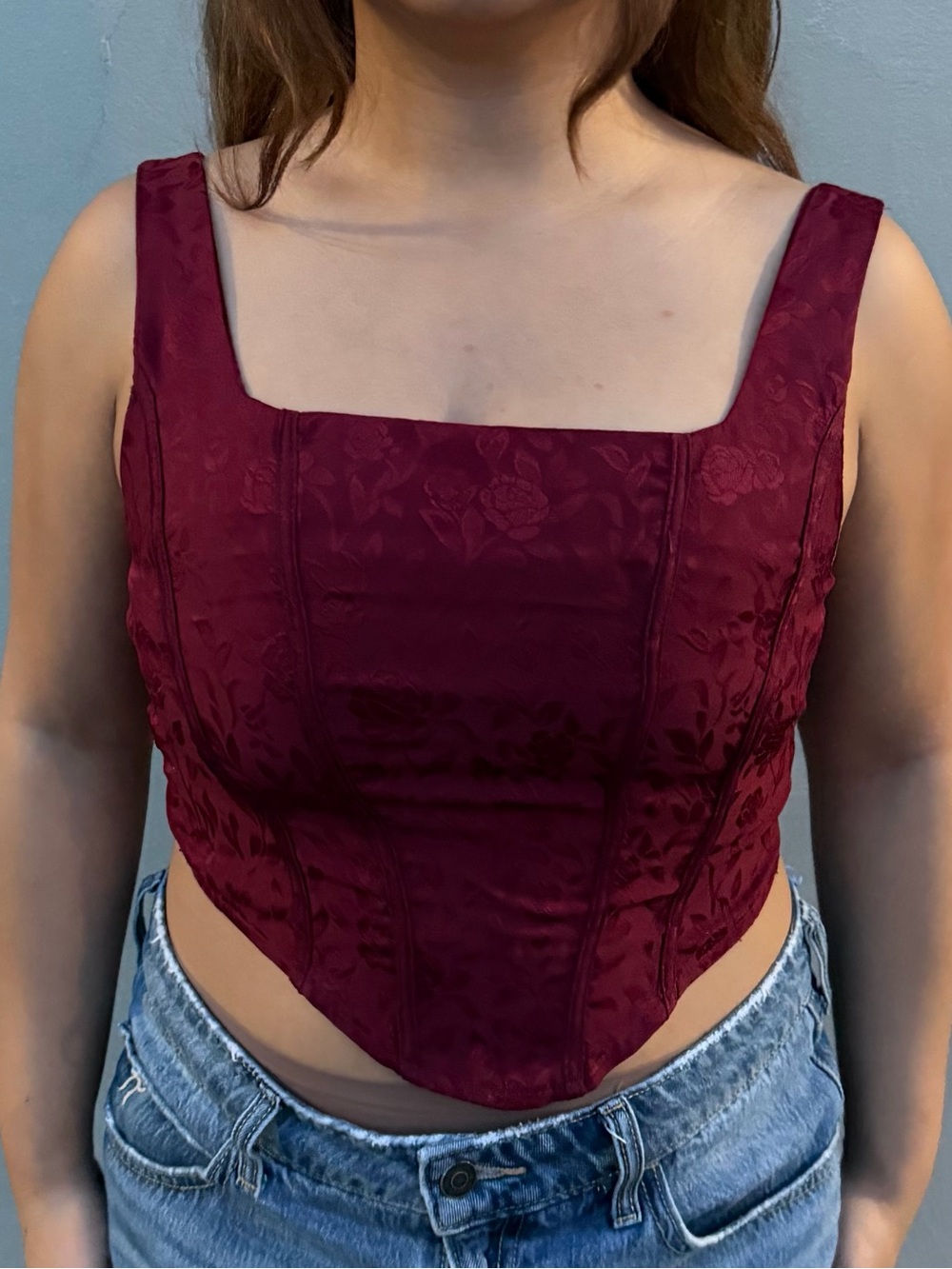 Vintage Cider Burgundy Floral Jacquard Corset Crop Top